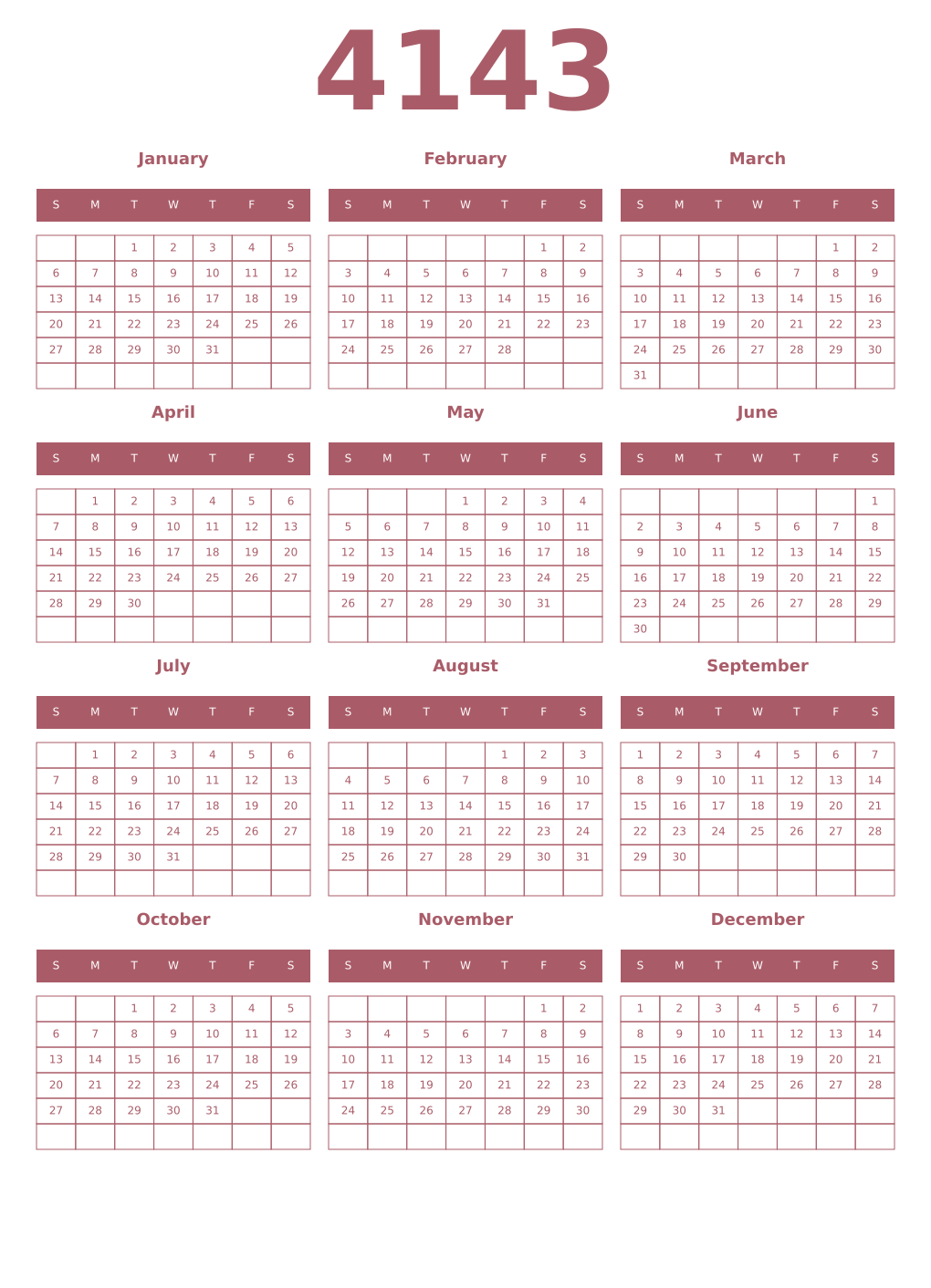 Printable 4143 Year Calendars puce