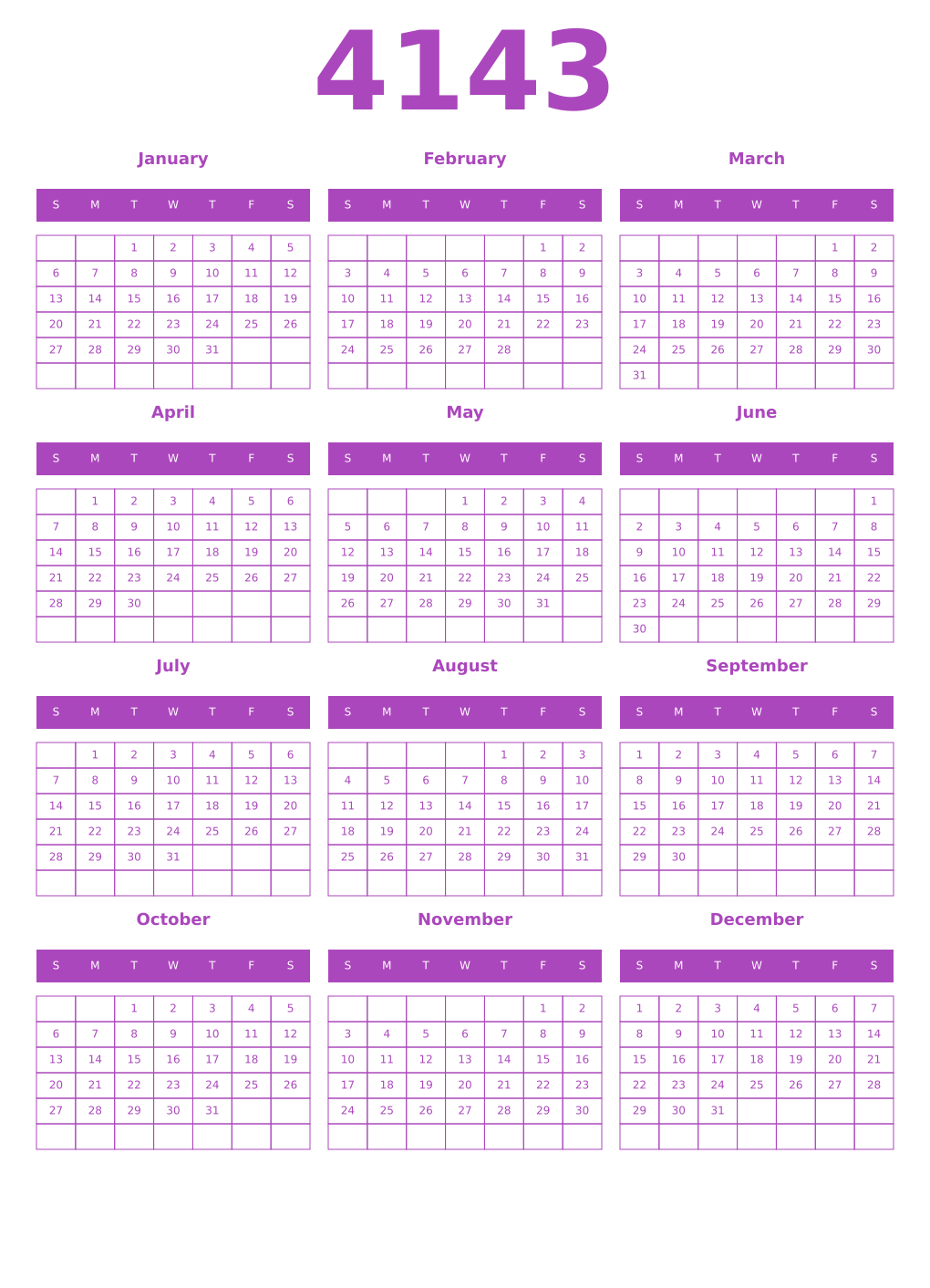 Printable 4143 Year Calendars purple