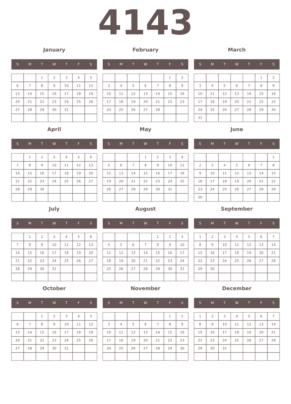 Printable 4143 Year Calendars wenge