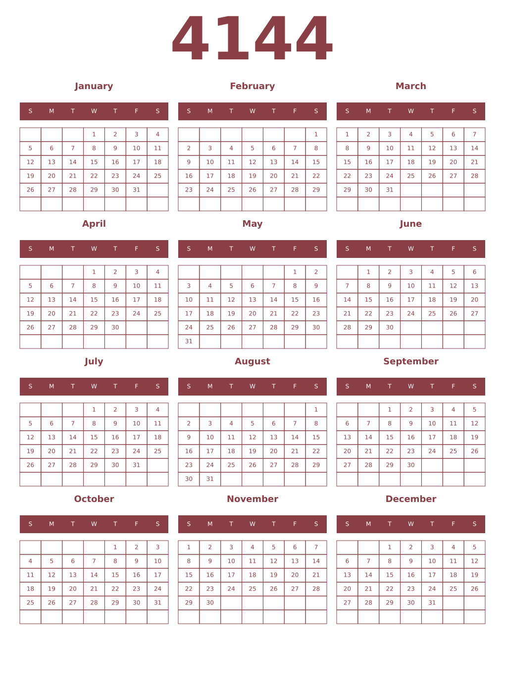 Printable 4144 Year Calendars cordovan
