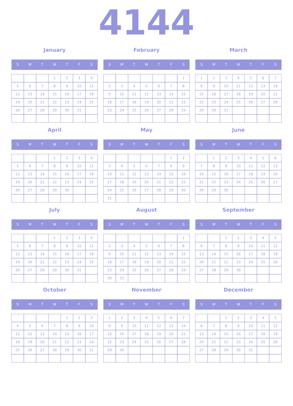 Printable 4144 Year Calendars periwinkle