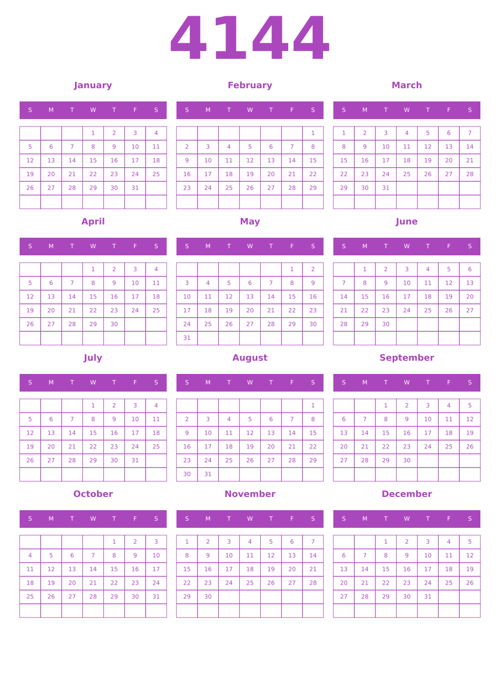 Printable 4144 Year Calendars purple