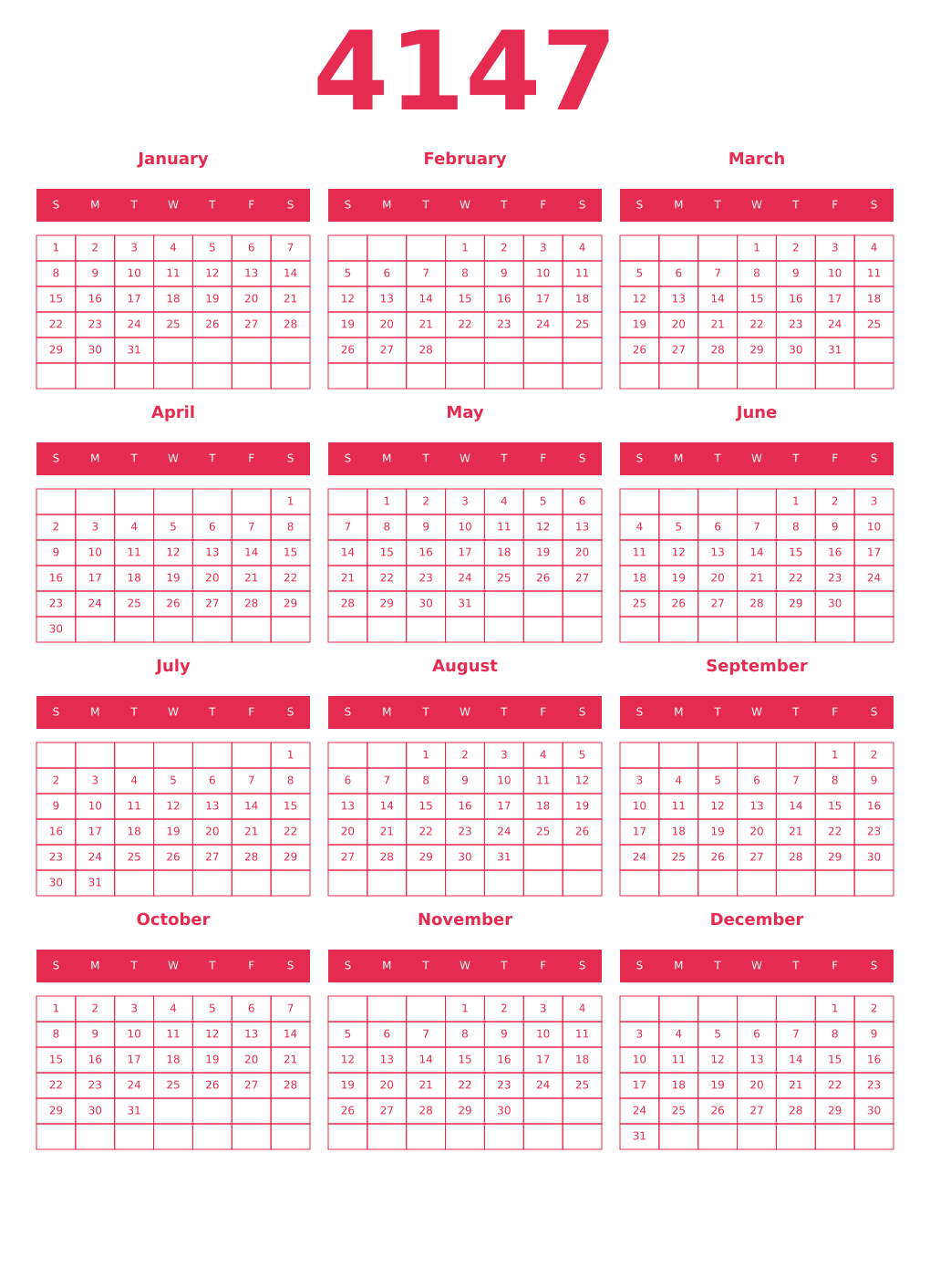 Printable 4147 Year Calendars amaranth