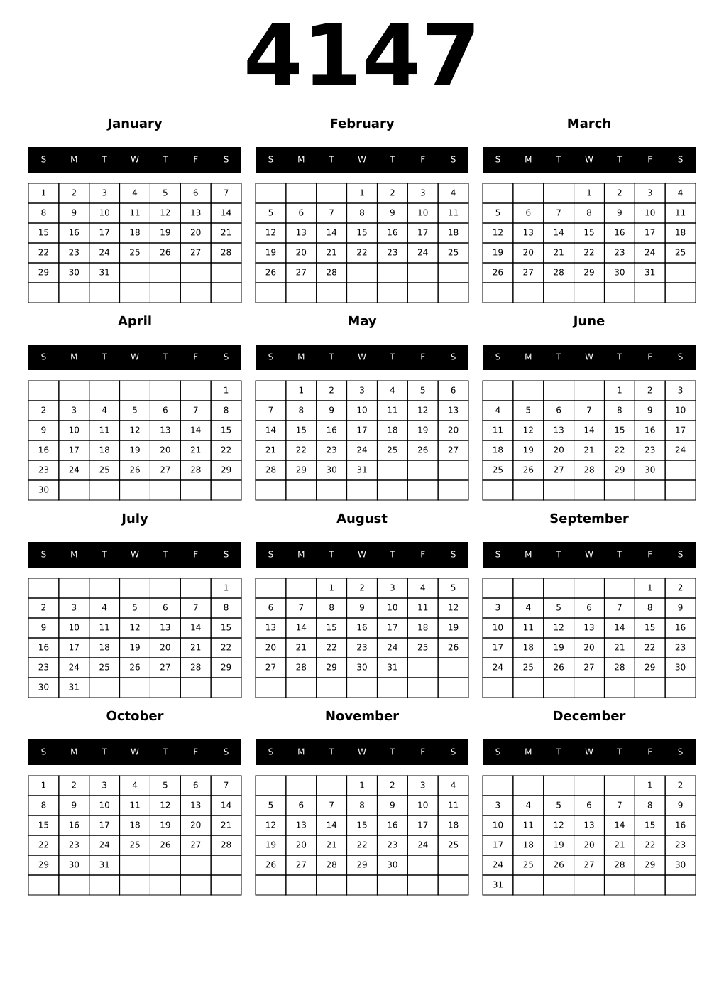 Printable 4147 Year Calendars black