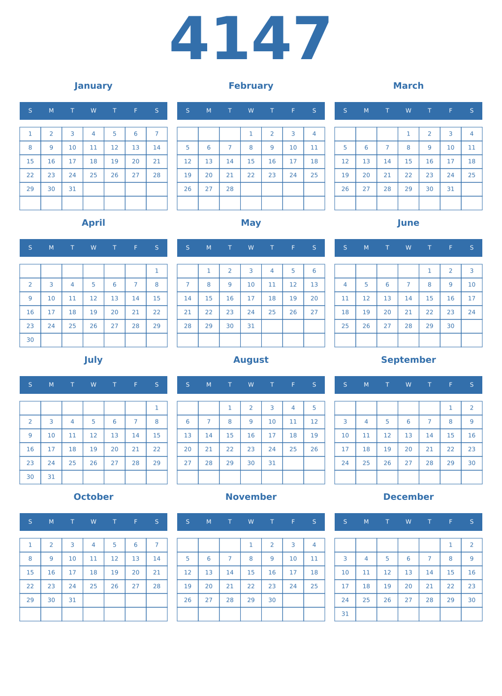 Printable 4147 Year Calendars blue