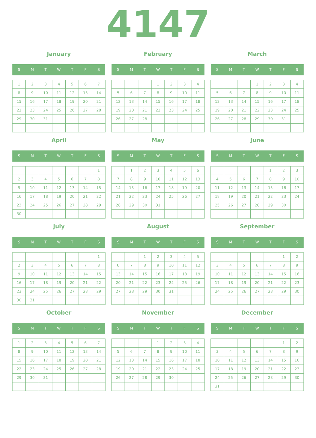 Printable 4147 Year Calendars celadon