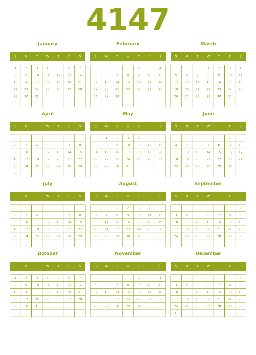 Printable 4147 Year Calendars chartreuse