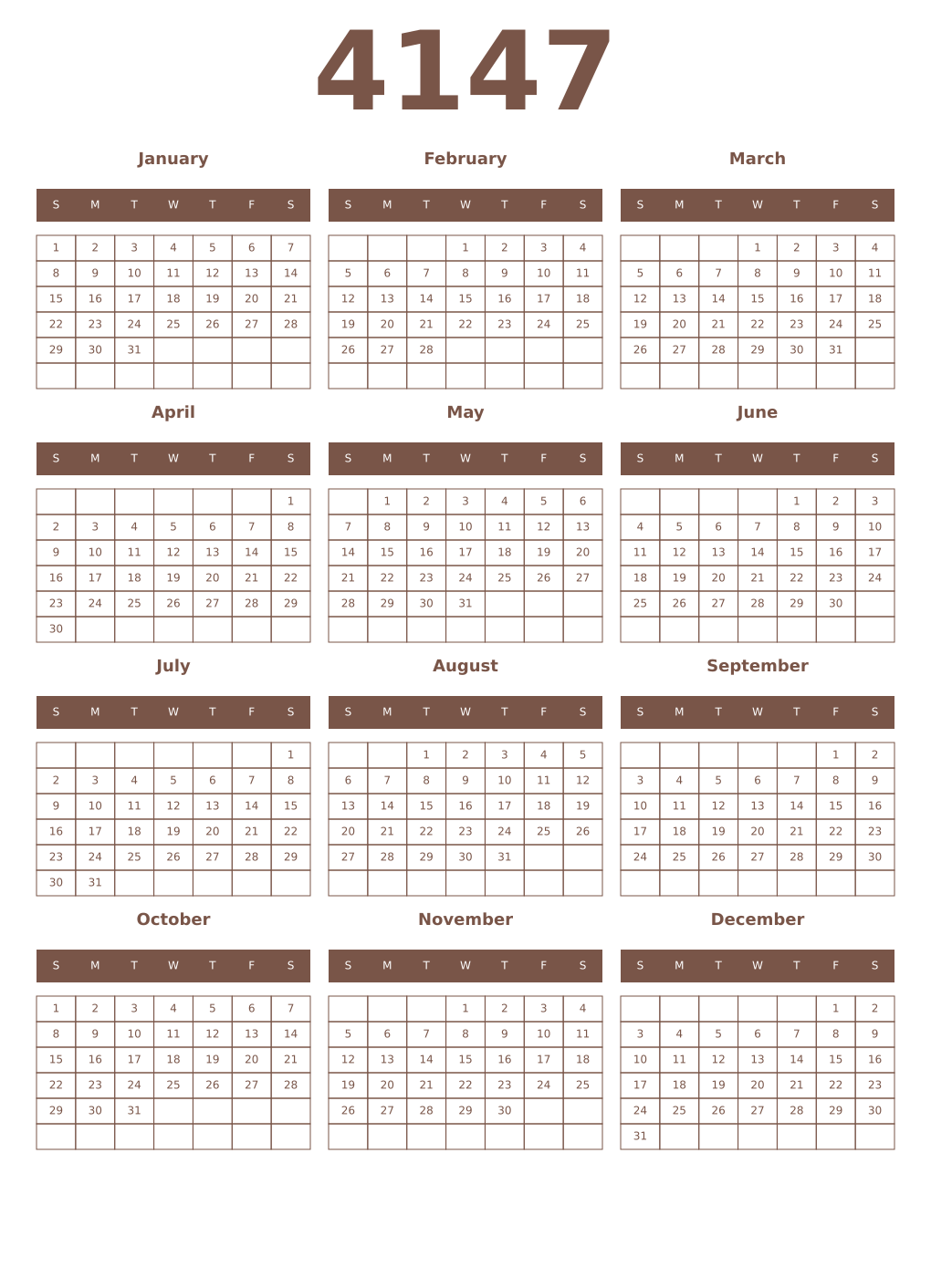 Printable 4147 Year Calendars coffe