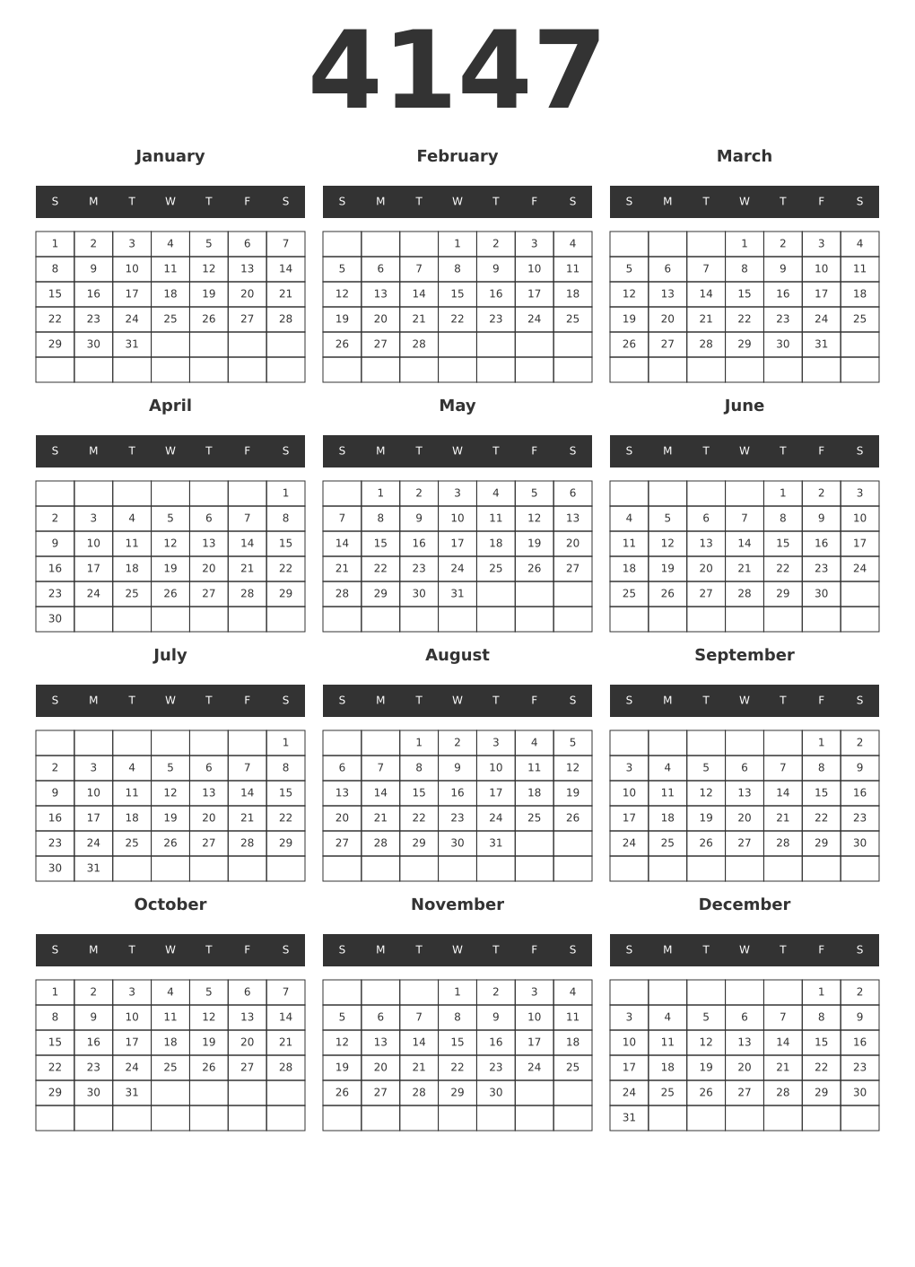 Printable 4147 Year Calendars dark