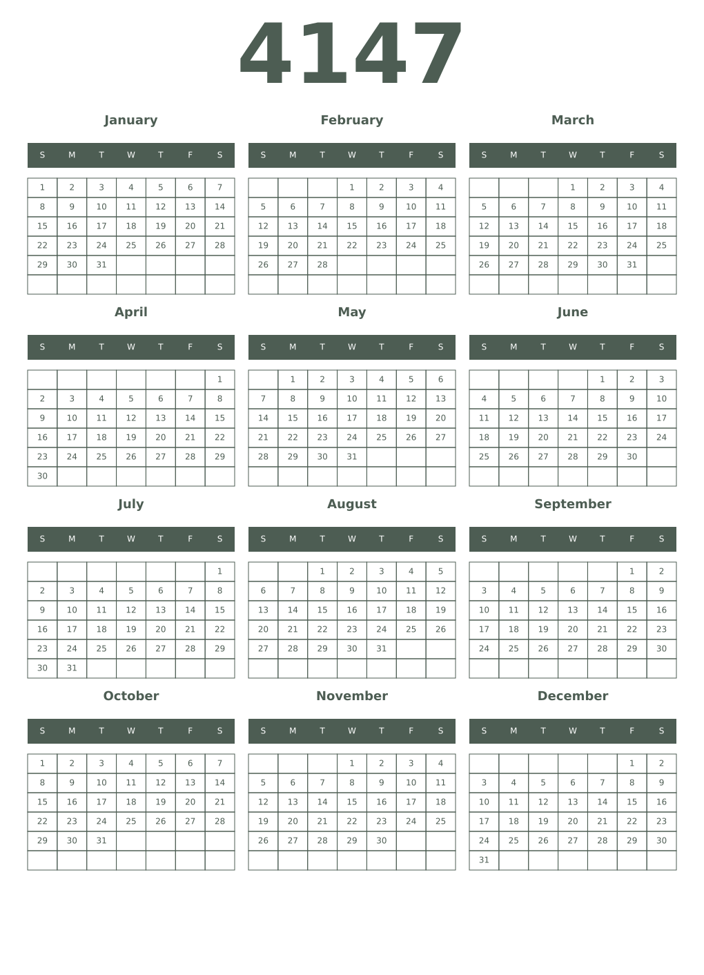 Printable 4147 Year Calendars feldgrau