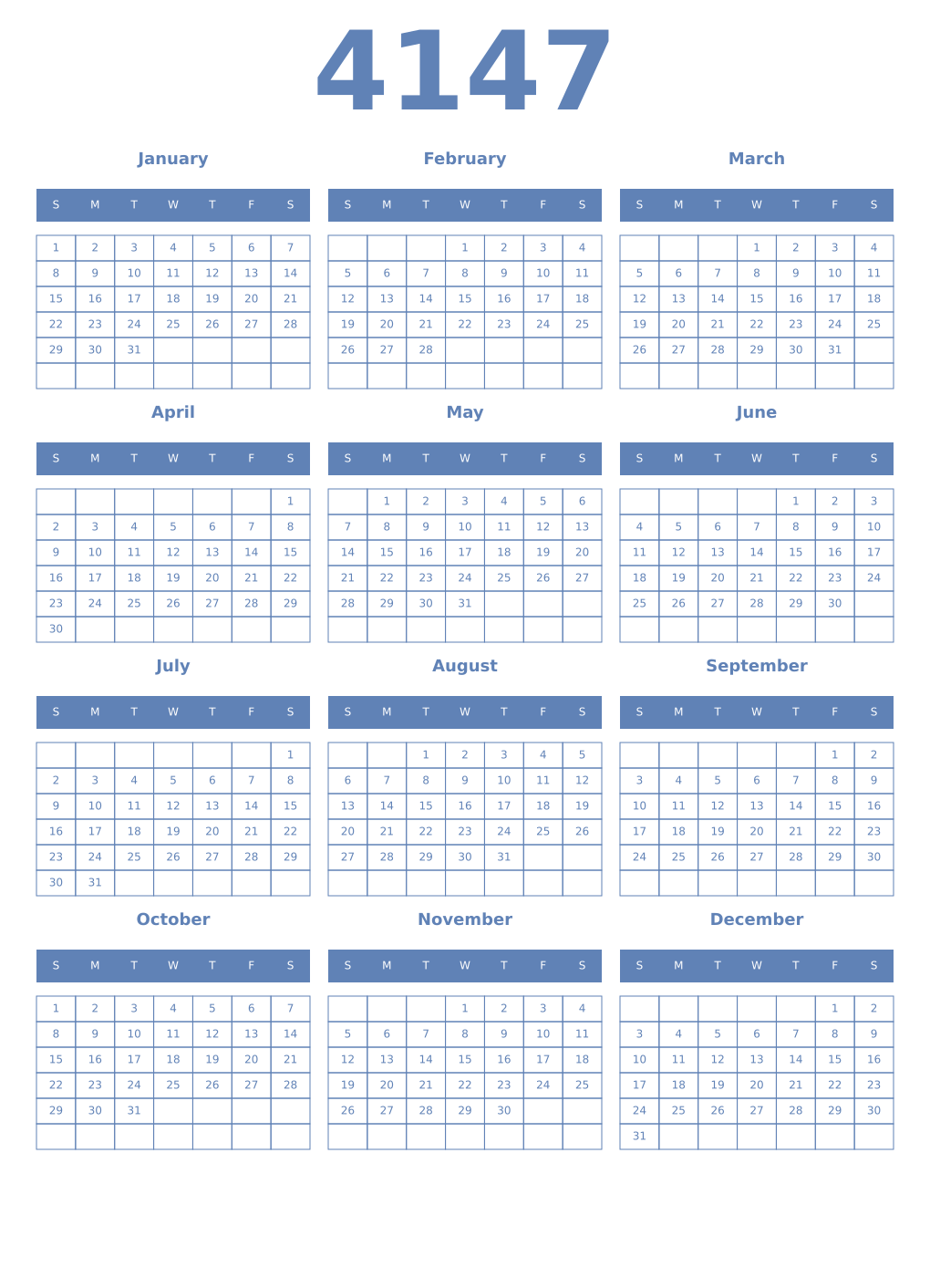 Printable 4147 Year Calendars glaucous