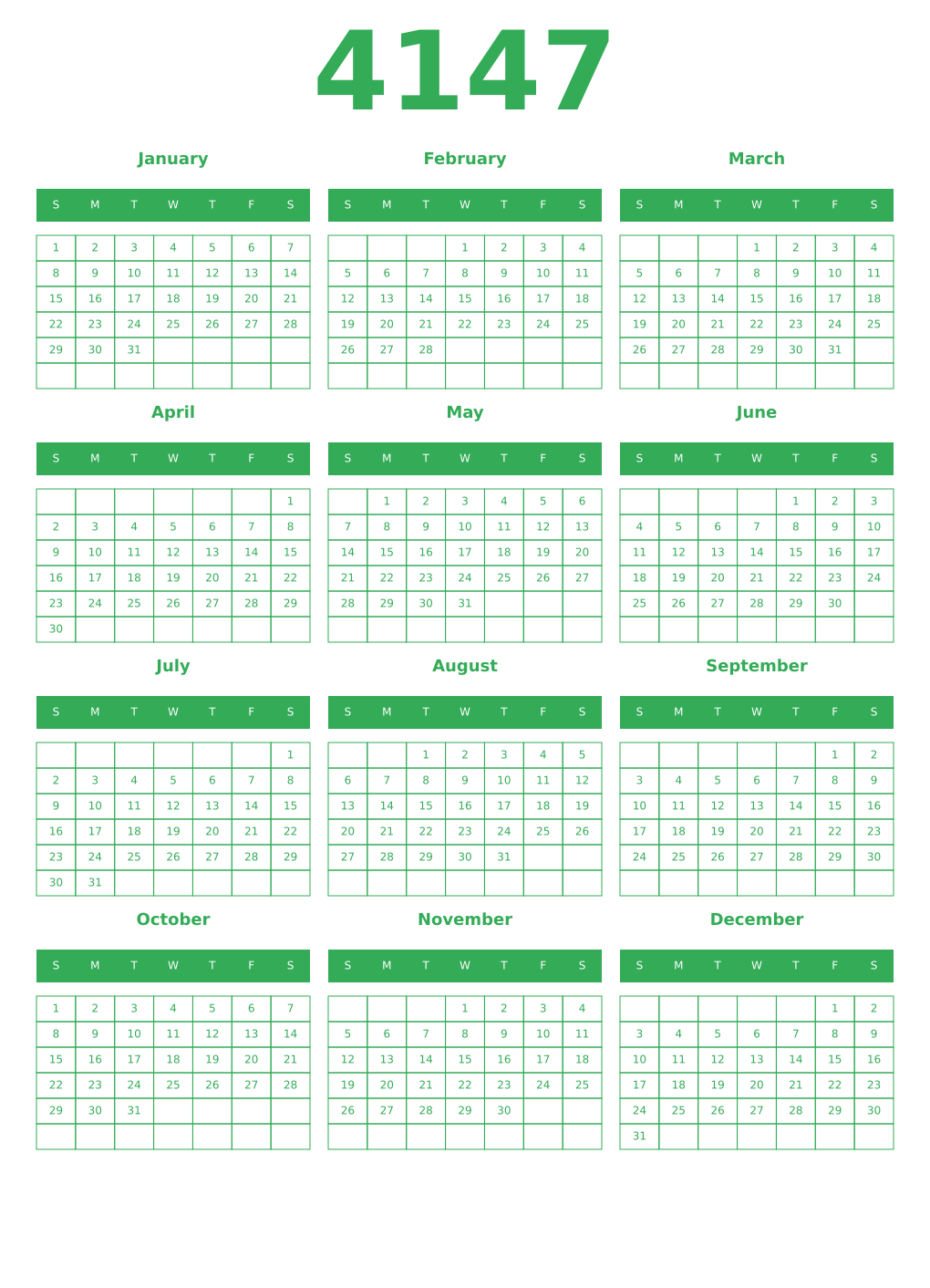Printable 4147 Year Calendars green