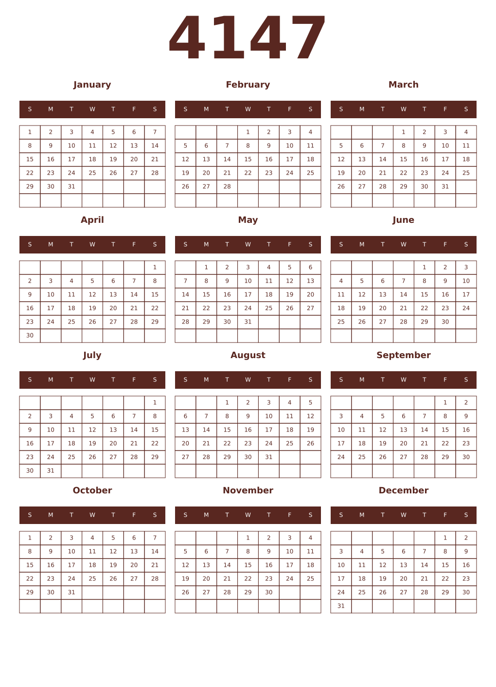 Printable 4147 Year Calendars mortuum