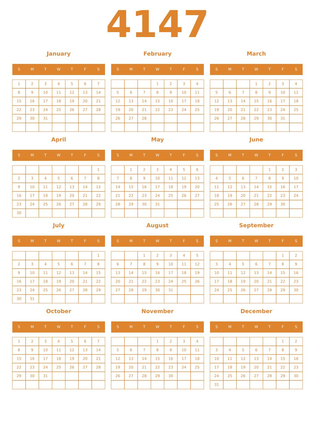Printable 4147 Year Calendars orange