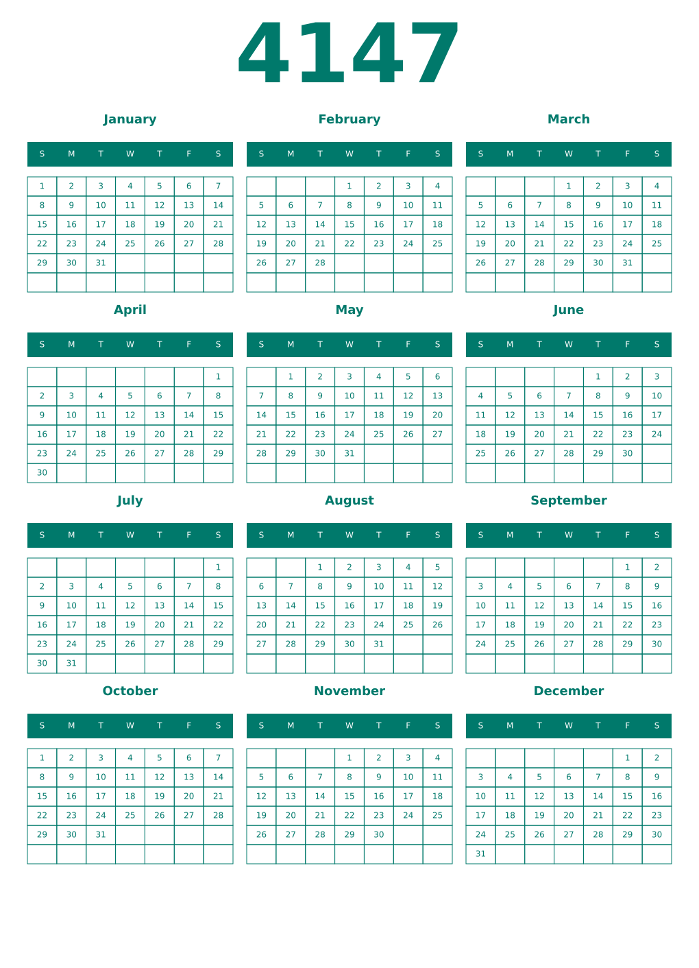 Printable 4147 Year Calendars pastel