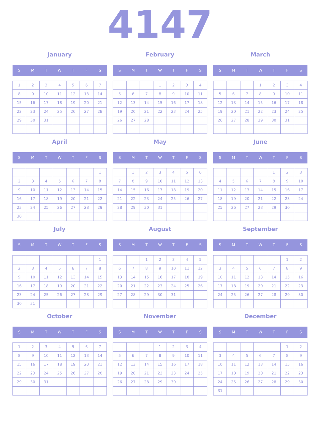 Printable 4147 Year Calendars periwinkle