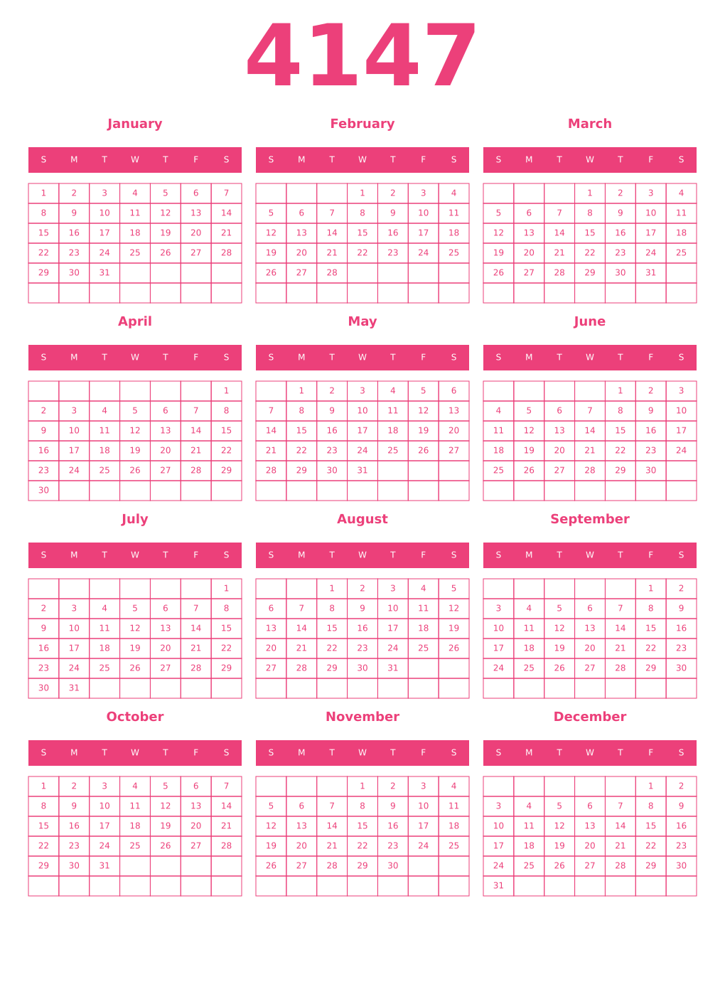 Printable 4147 Year Calendars pink