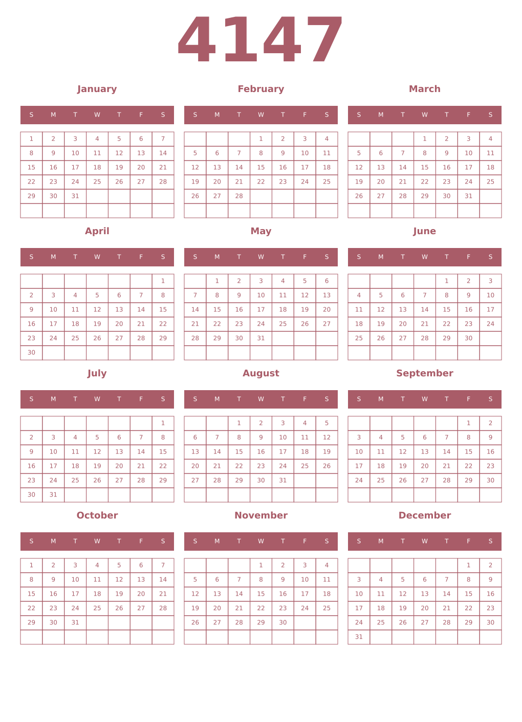 Printable 4147 Year Calendars puce