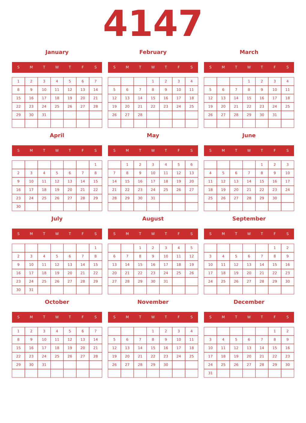 Printable 4147 Year Calendars red