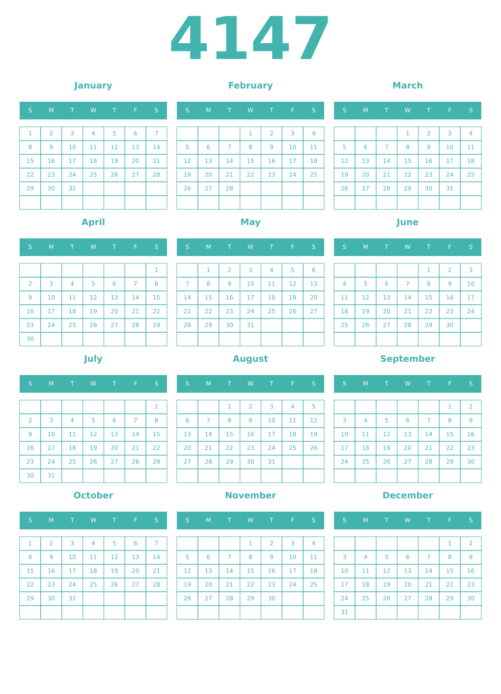 Printable 4147 Year Calendars verdigris
