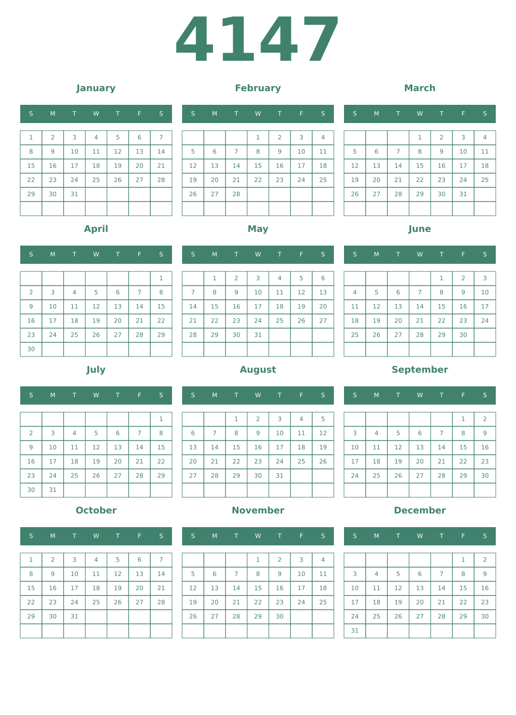 Printable 4147 Year Calendars viridian