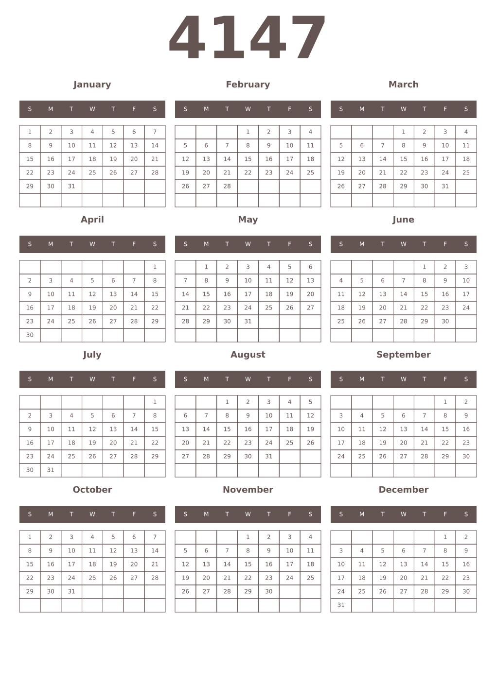 Printable 4147 Year Calendars wenge