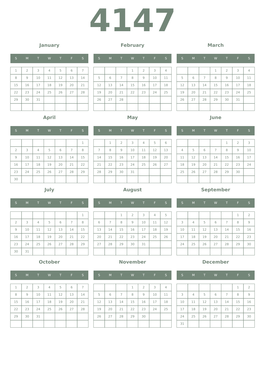 Printable 4147 Year Calendars xanadu