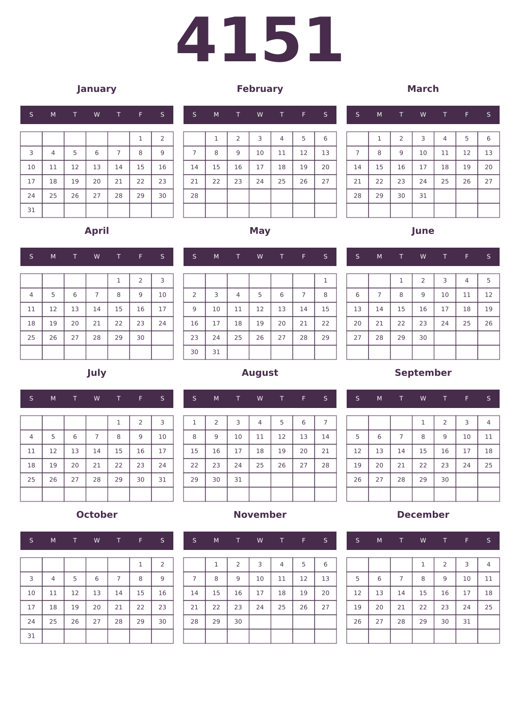 Printable 4151 Year Calendars aubergine
