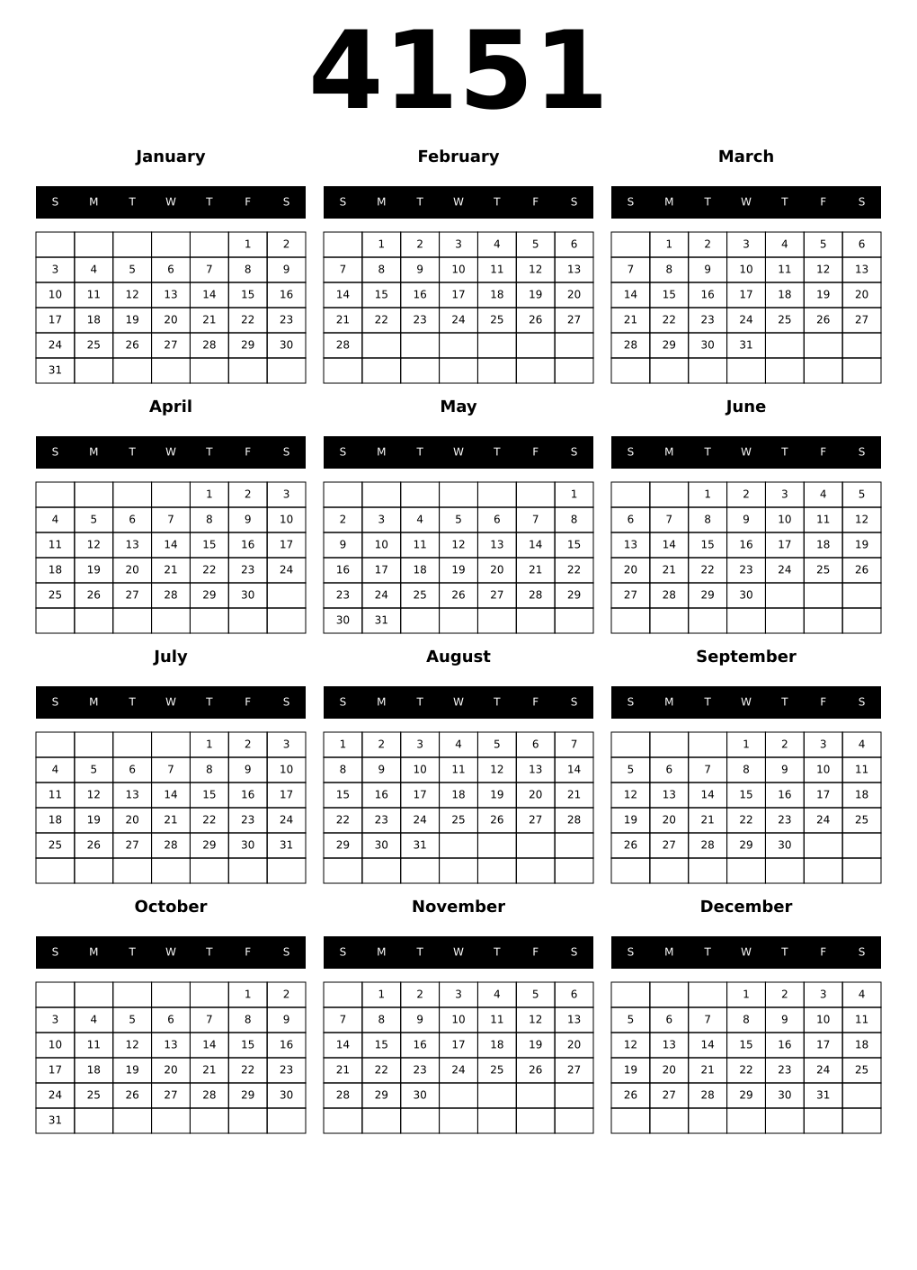 Printable 4151 Year Calendars black