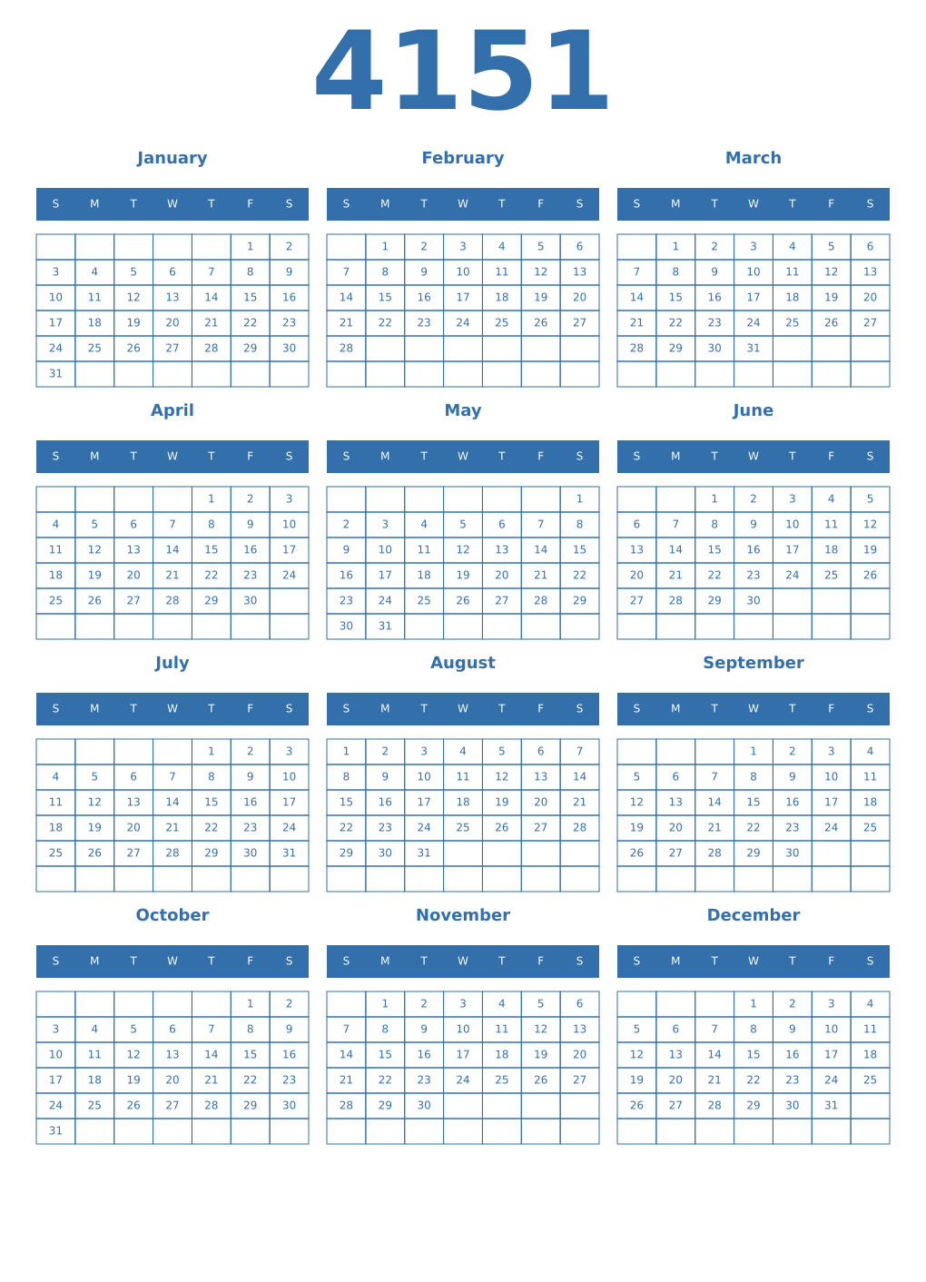 Printable 4151 Year Calendars blue