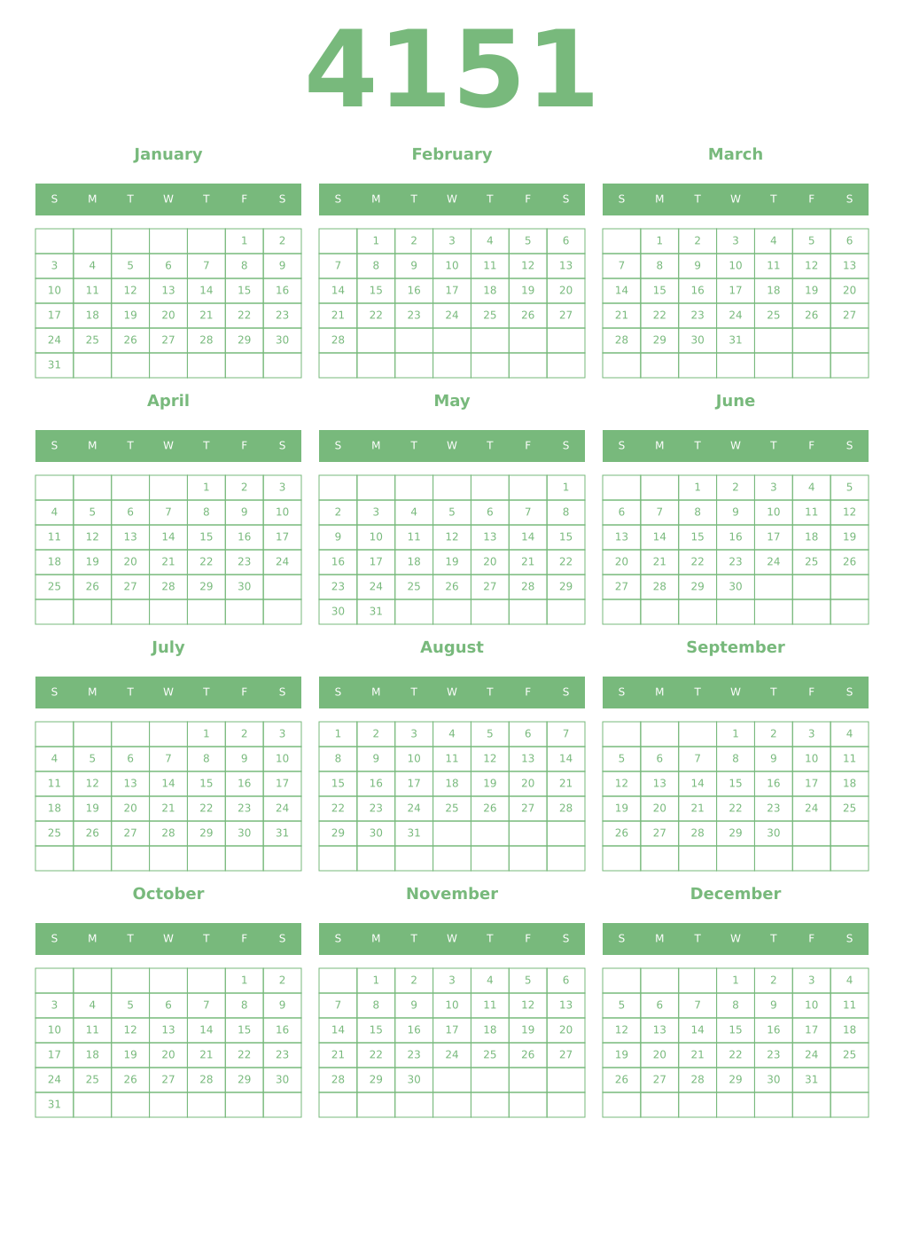 Printable 4151 Year Calendars celadon
