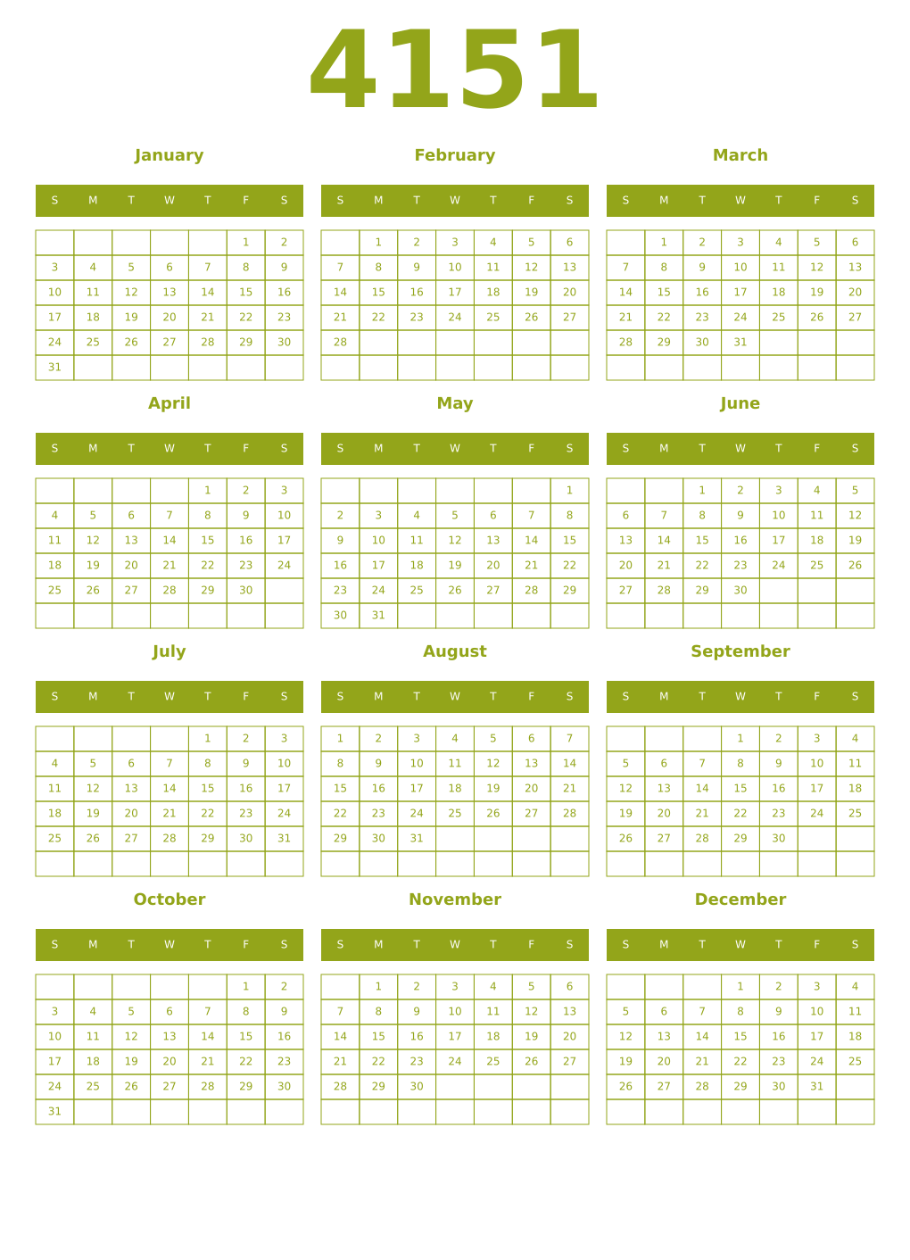 Printable 4151 Year Calendars chartreuse