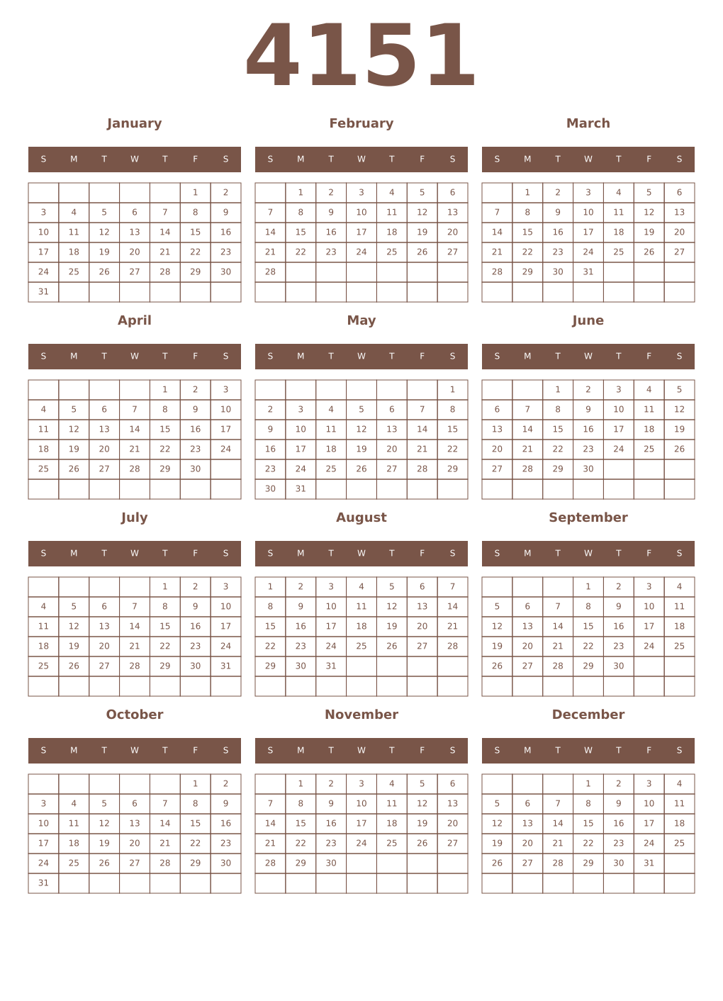 Printable 4151 Year Calendars coffe