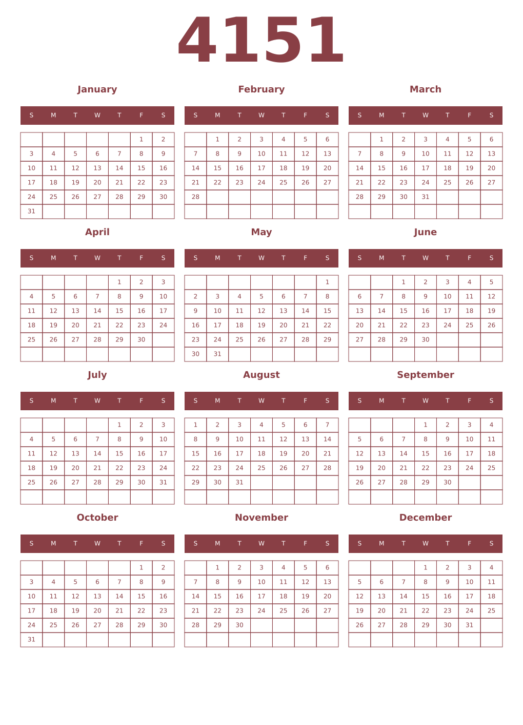 Printable 4151 Year Calendars cordovan