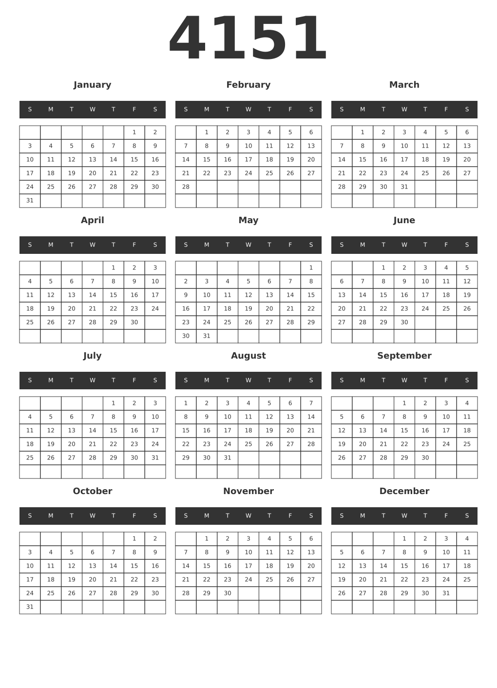 Printable 4151 Year Calendars dark