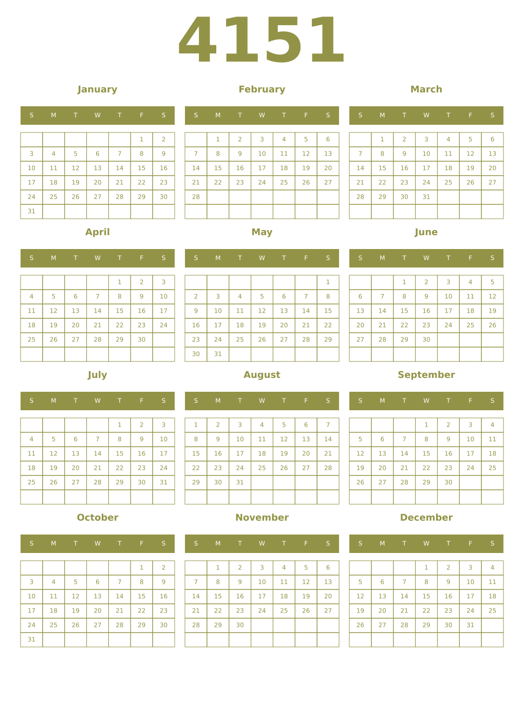 Printable 4151 Year Calendars eburnean
