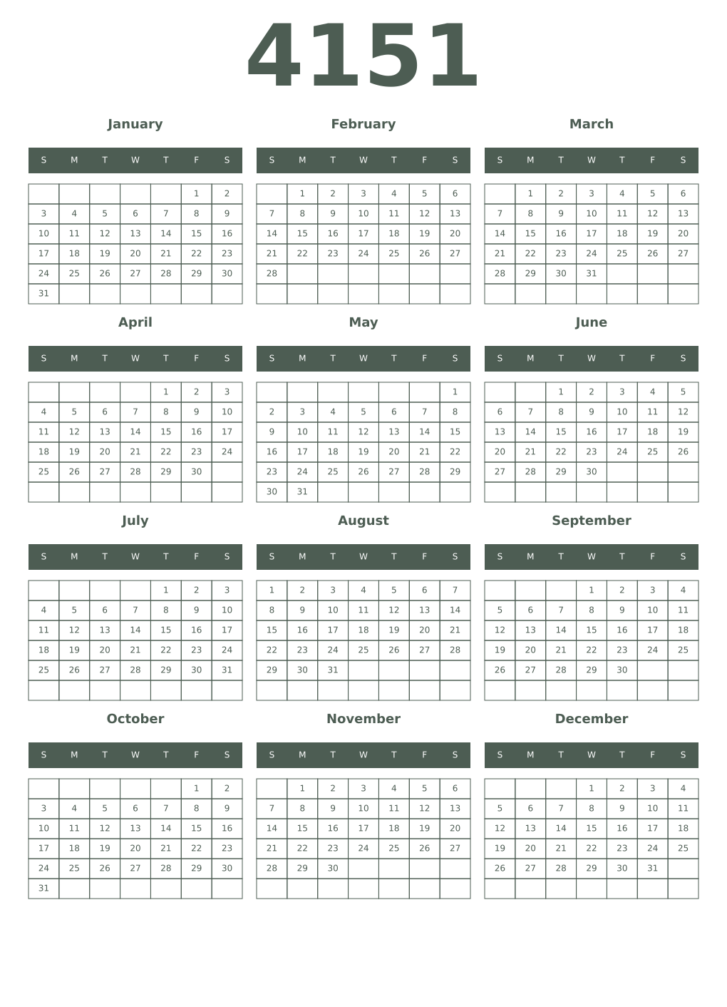 Printable 4151 Year Calendars feldgrau