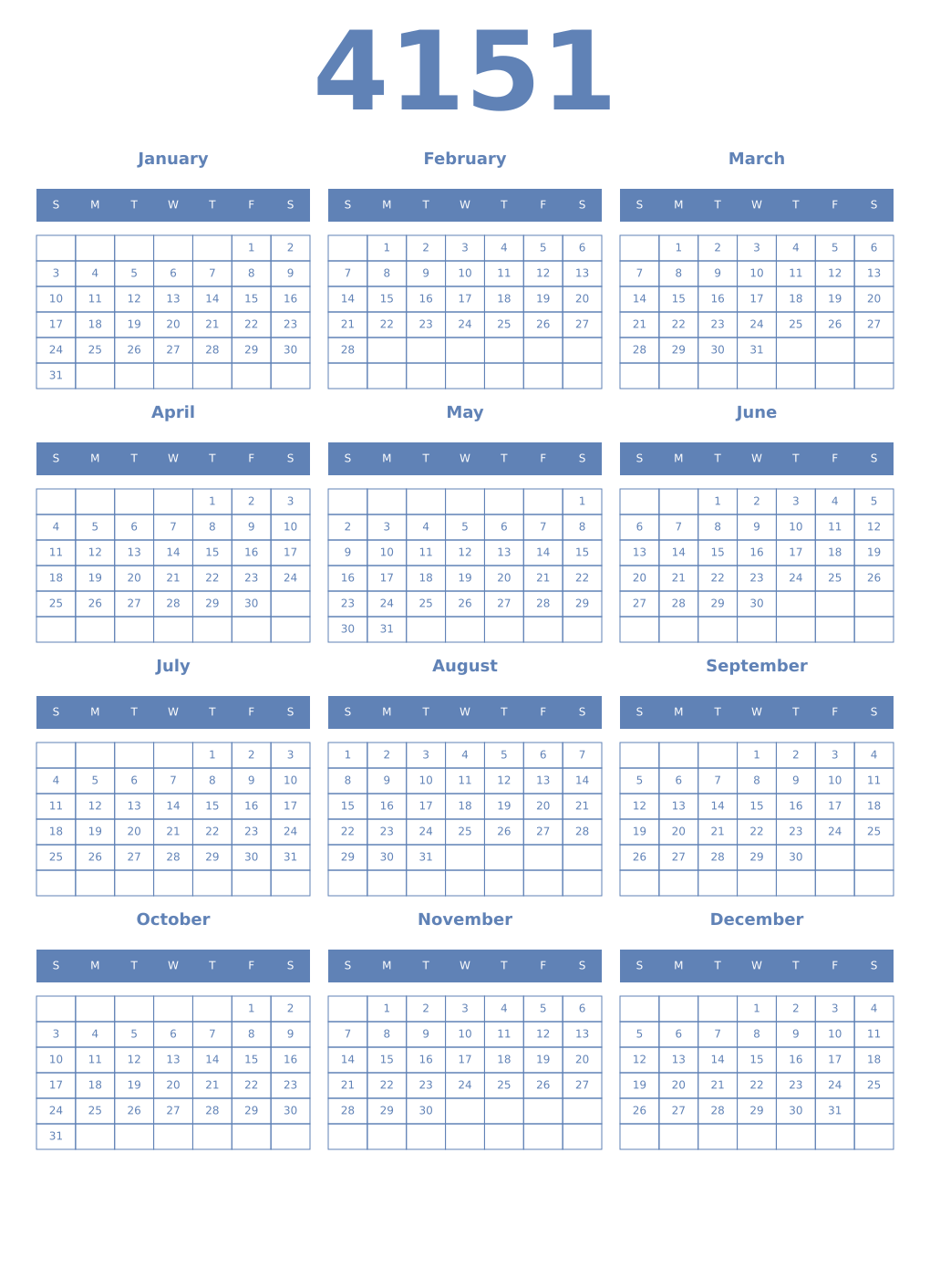 Printable 4151 Year Calendars glaucous