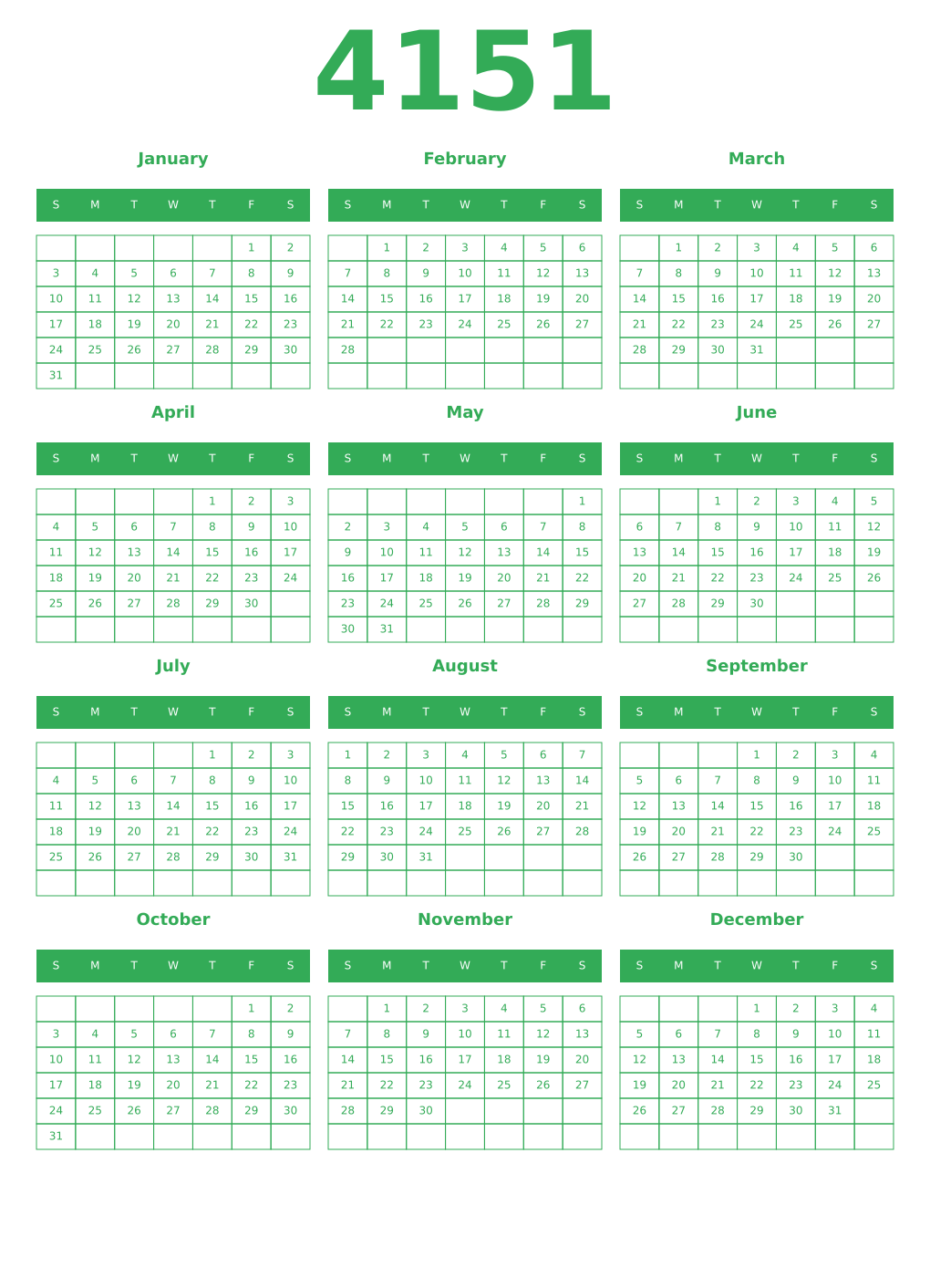 Printable 4151 Year Calendars green