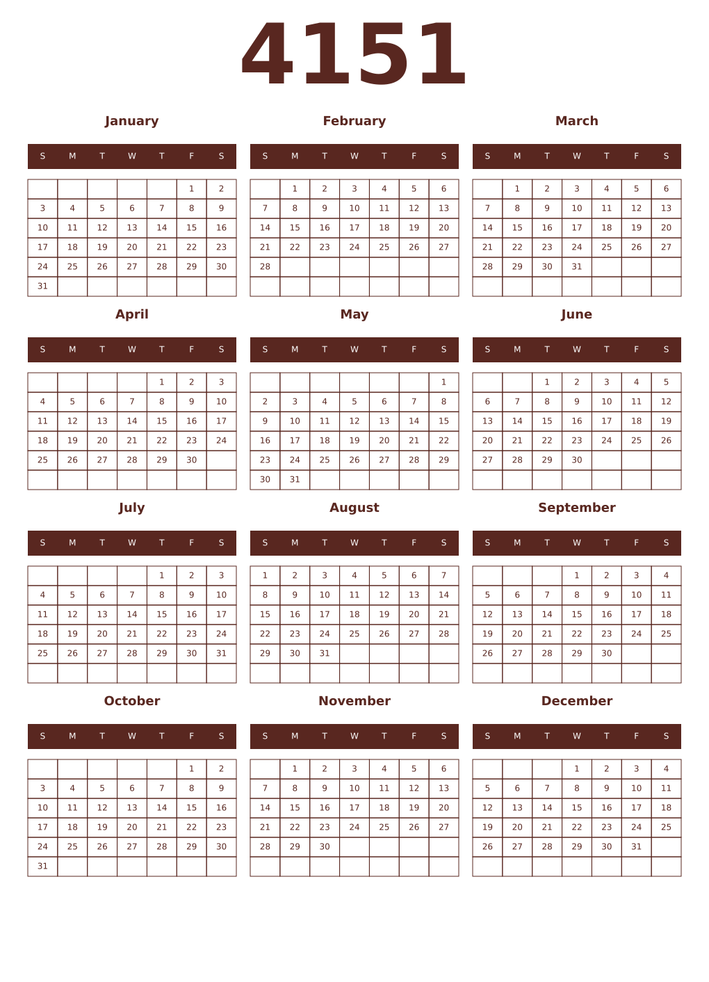 Printable 4151 Year Calendars mortuum
