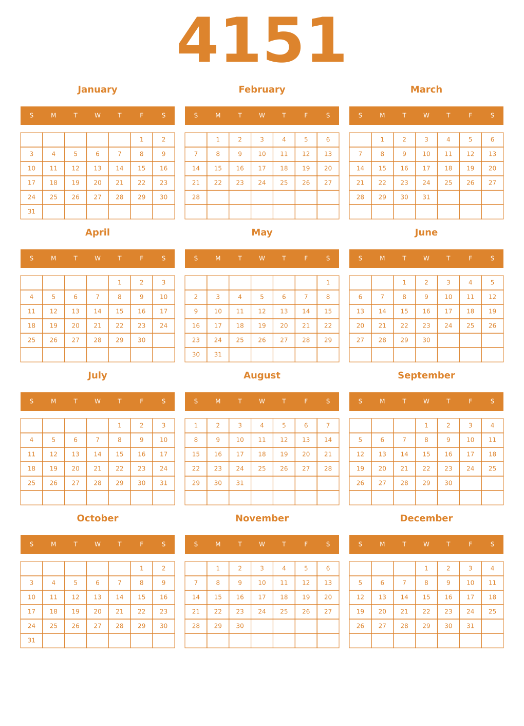 Printable 4151 Year Calendars orange