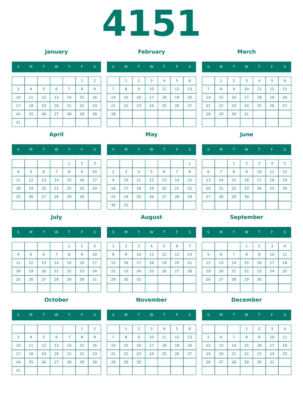 Printable 4151 Year Calendars pastel