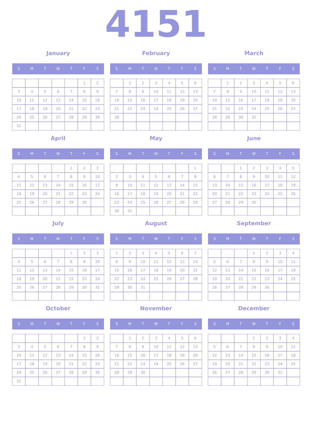 Printable 4151 Year Calendars periwinkle