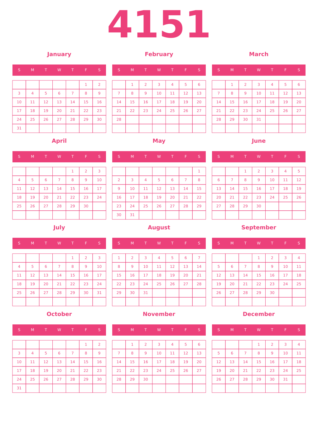 Printable 4151 Year Calendars pink