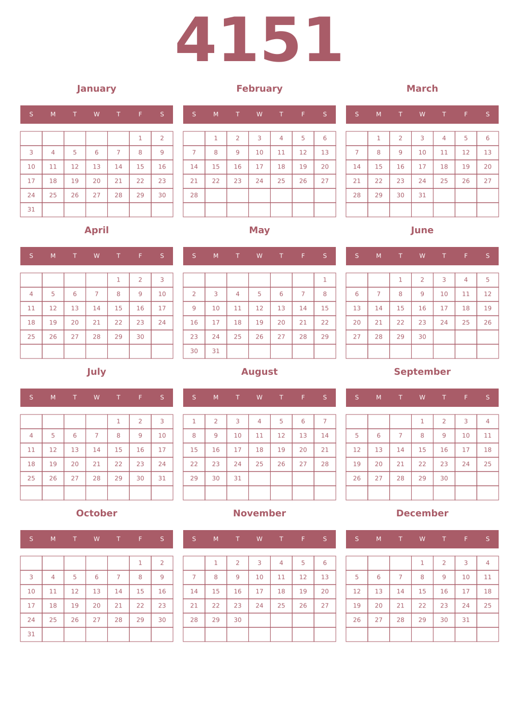 Printable 4151 Year Calendars puce