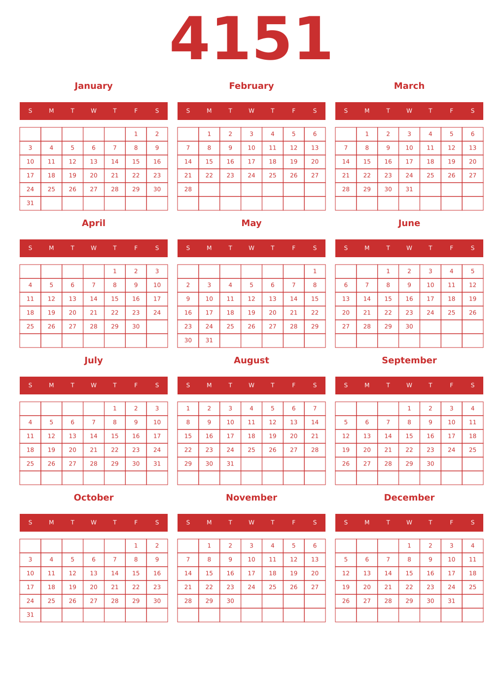 Printable 4151 Year Calendars red