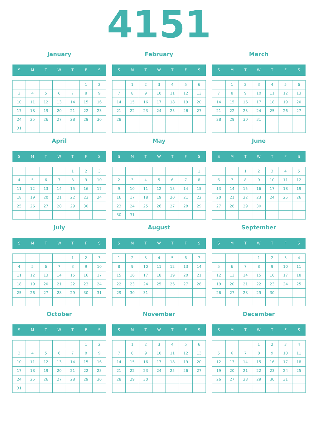 Printable 4151 Year Calendars verdigris
