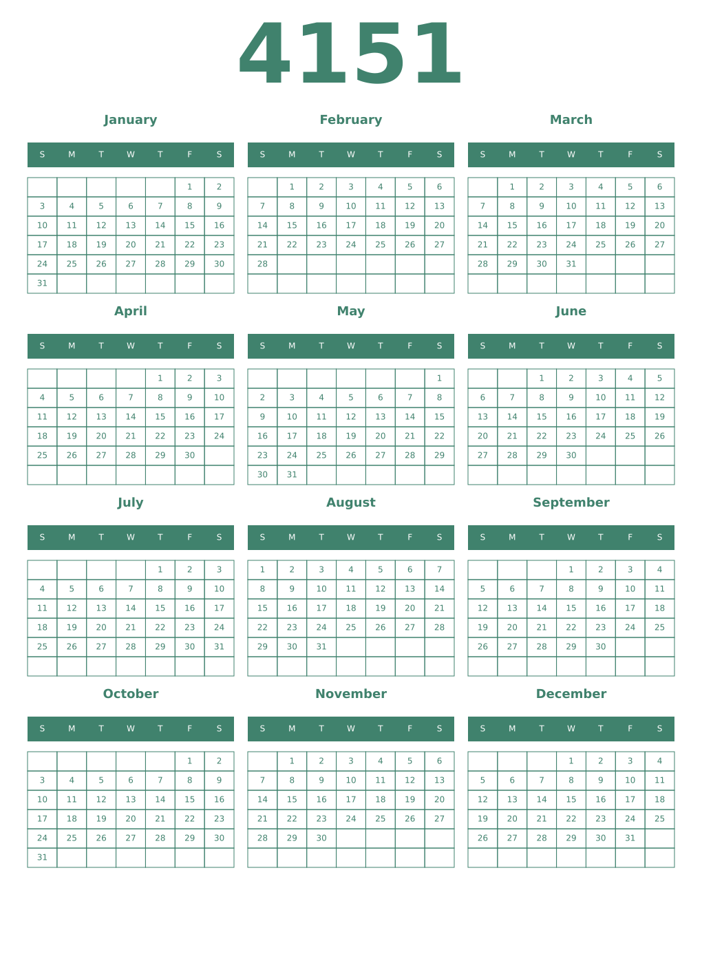 Printable 4151 Year Calendars viridian