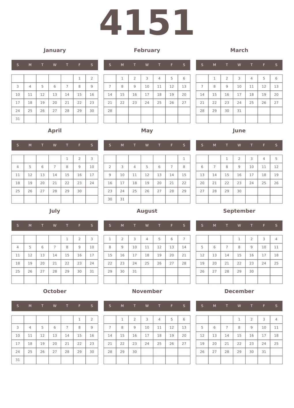 Printable 4151 Year Calendars wenge