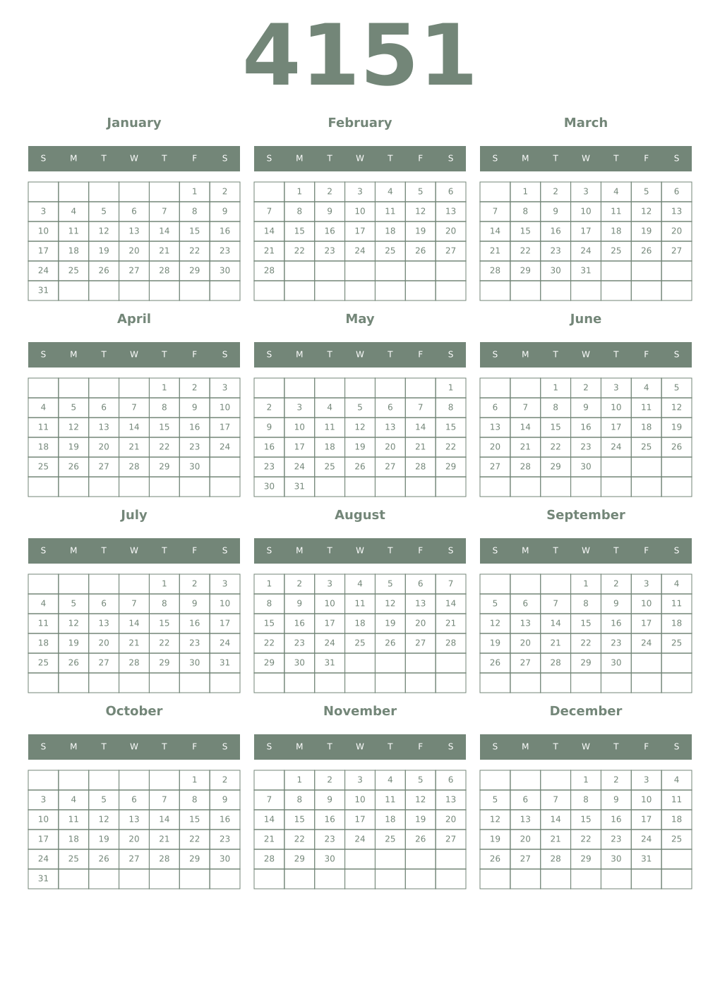 Printable 4151 Year Calendars xanadu